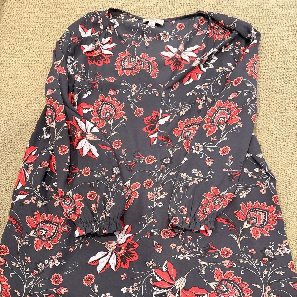 LOFT Black Floral Long-Sleeve Blouse with Red and White Accents
